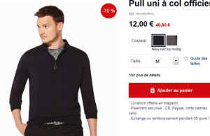 Celio : Pull uni à col officier à 12 € au lieu de 40 € (-70%)