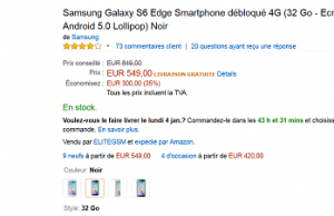 Samsung Galaxy S6 Edge Noir 32 Go à 499 € (Remise + Offre de Remboursement de 50 €)
