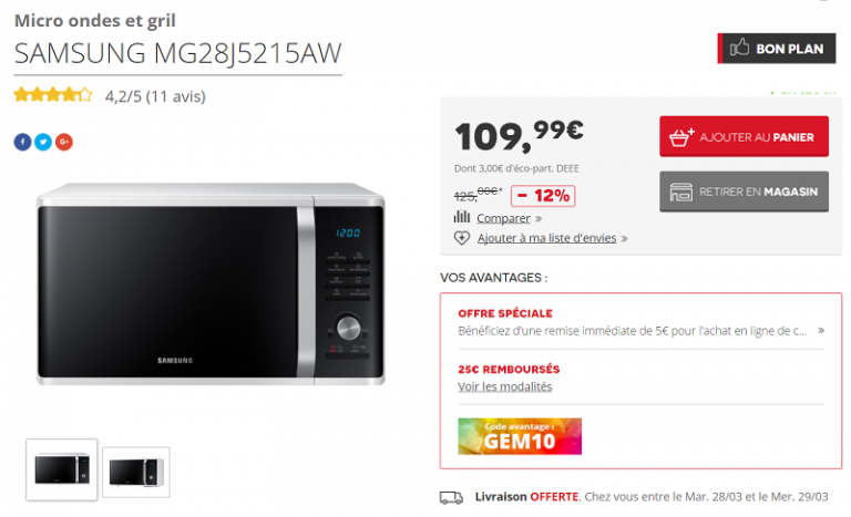 Micro-ondes grill Samsung à 74.29 € au lieu de 125 € (via code promo