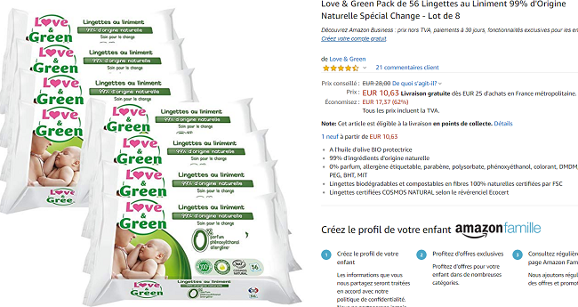 Bon Plan Lot de 8 paquets de 56 lingettes Love Green au liniment 
